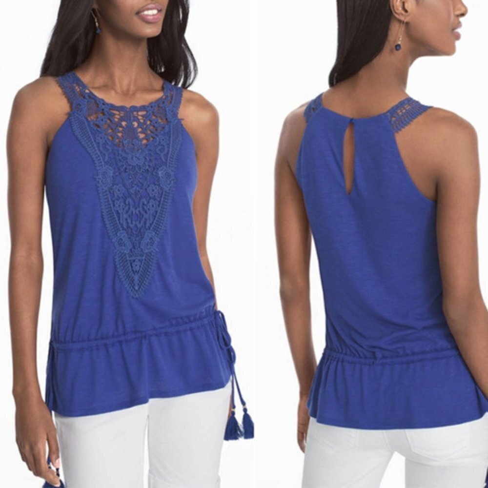 𝅺WHBM XS tassel Crochet top blue sleeveless boho, great for layering.